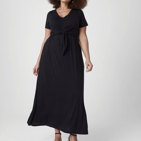 LANE BRYANT BLACK SHORT SLEEVE V-NECK KNOT MAXI DRESS - Picture 1 of 3